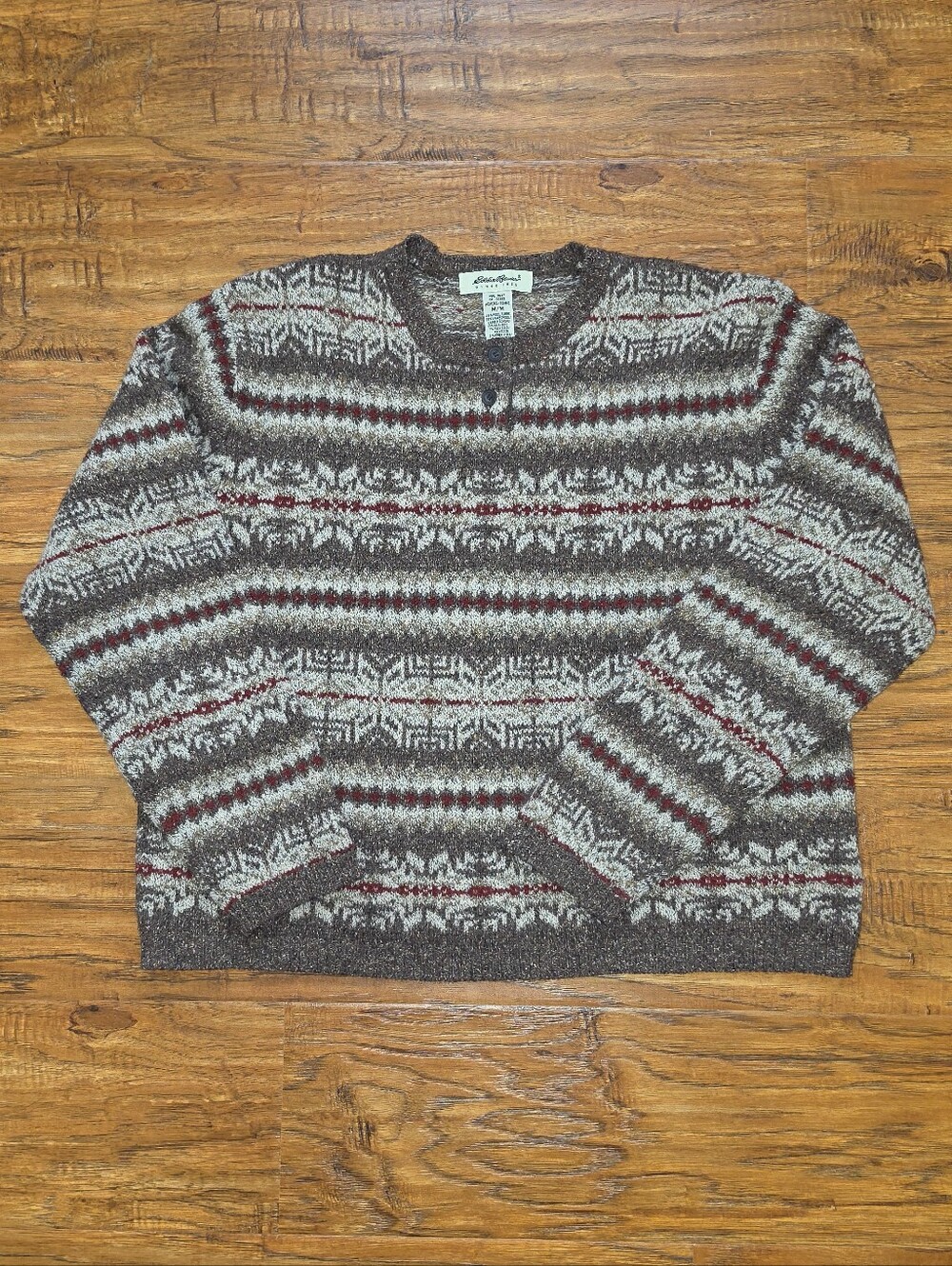Vintage Eddie Bauer Wool Fair Isle QuarterButton Sweater Brown/Cream/Terracotta